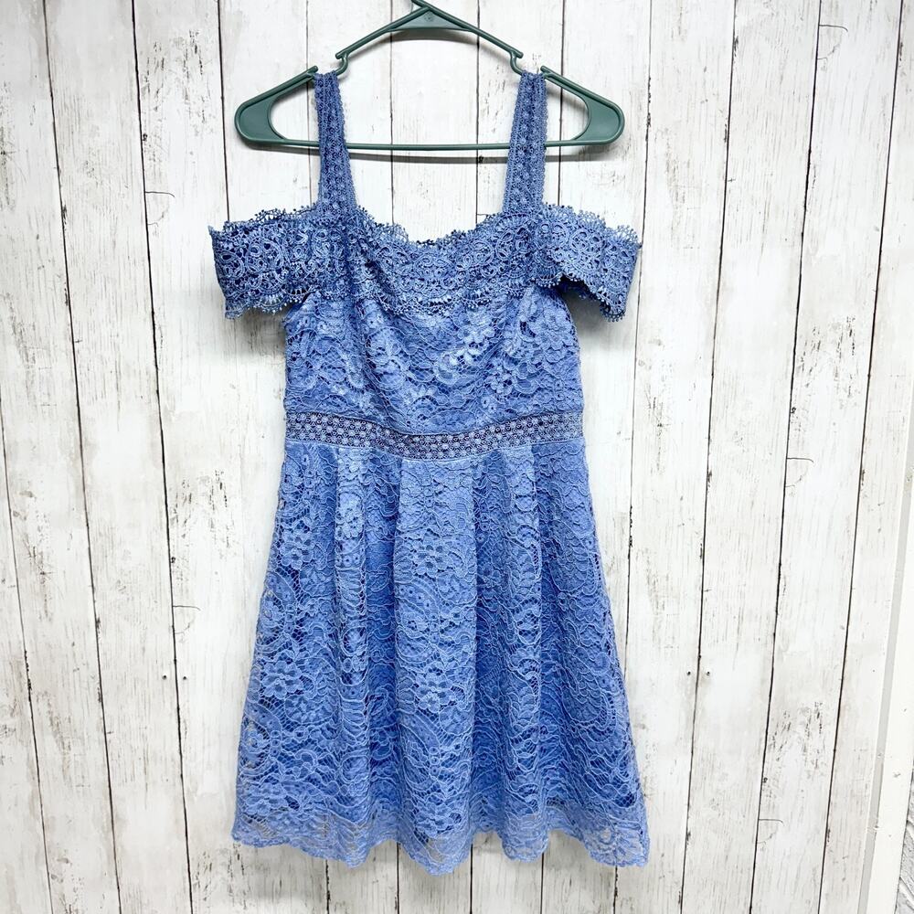 Francesca’s Dress Women Size M Periwinkle Off Shoulder Blue Lace Mini Fairy